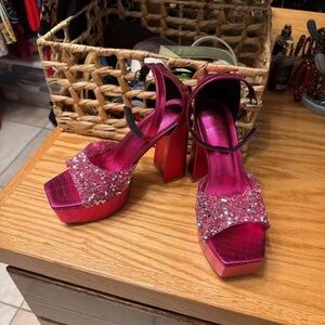 Coach Fuchsia Glitter Platform Sandals with Ankle Strap